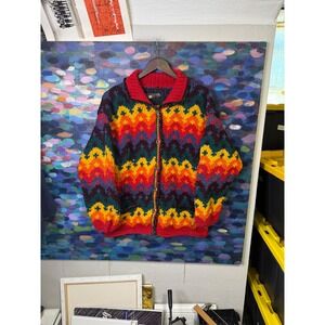 Artesanias Quishpe Ecuador Wool Cardigan Sweater Rainbow Chunky Knit Vintage